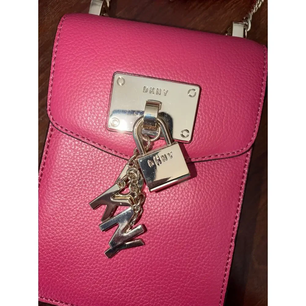 DKNY Pink Pebbled Leather Phone Crossbody Bag Gold Tone Lock Charm Chain Leather - Picture 5 of 11